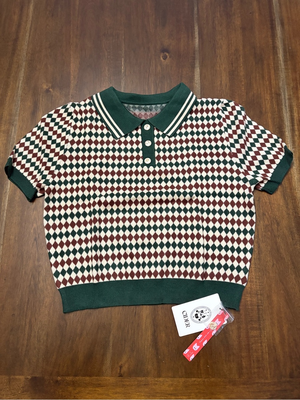 Women’s Green & Burgundy Argyle Polo Crop Top